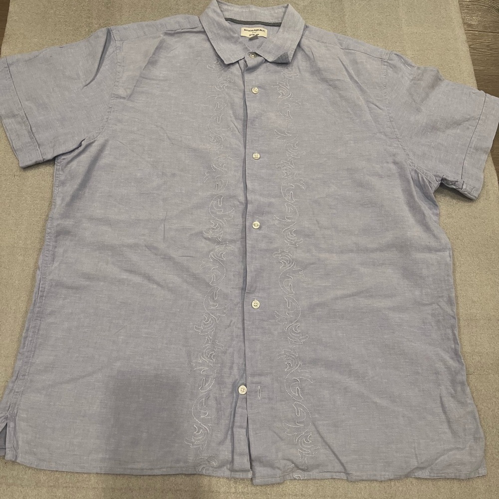 [XL/17-17.5]Banana Republic Men's Blue Short Sleeve Linen Blend Button Shirt